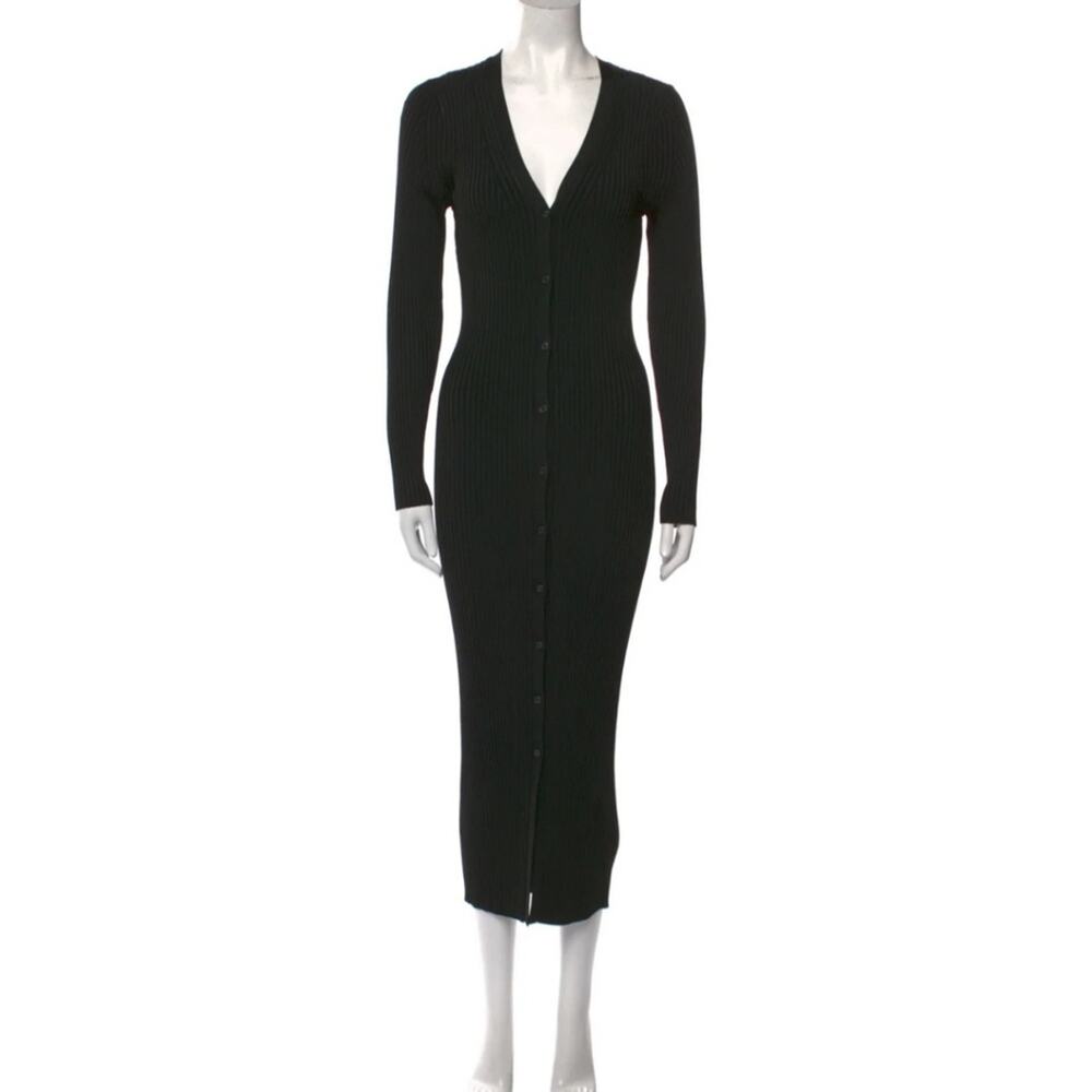 Pearl by Lela Rose Black Ribbed Knit Button-Front Midi Dress Duster Size M